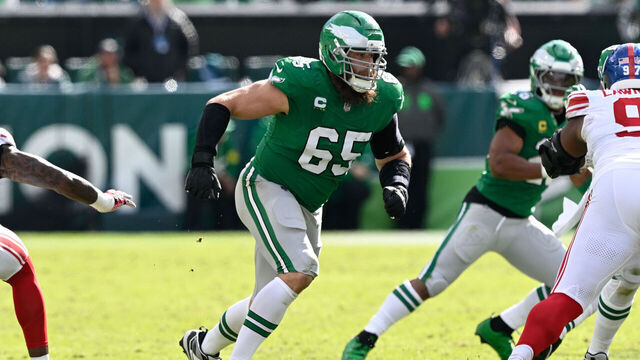 PHILADELPHIA, PA - OCTOBER 26: Philadelphia Eagles offensive tackle Lane Johnson #65 blocks during the game between the New York Giants and the Philadelphia Eagles on October 26th, 2025 at Lincoln Financial Field in Philadelphia, PA.