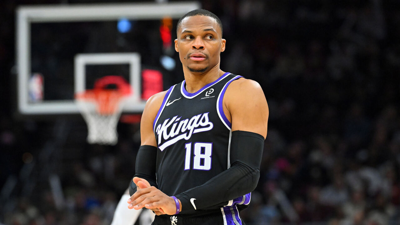 CLEVELAND, OHIO - JANUARY 23: Russell Westbrook #18 of the Sacramento Kings waits during the third quarter against the Cleveland Cavaliers at Rocket Arena on January 23, 2026 in Cleveland, Ohio. The Cavaliers defeated the Kings 123-118.