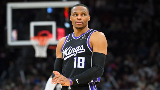 CLEVELAND, OHIO - JANUARY 23: Russell Westbrook #18 of the Sacramento Kings waits during the third quarter against the Cleveland Cavaliers at Rocket Arena on January 23, 2026 in Cleveland, Ohio. The Cavaliers defeated the Kings 123-118.