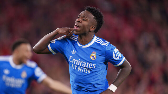 LISBON, PORTUGAL - FEBRUARY 17: Vinicius Junior of Real Madrid CF celebrates his goal during the UEFA Champions League 2025/26 Play-offs First Leg match between SL Benfica and Real Madrid CF at Estádio da Luz on February 17, 2026 in Lisbon, Portugal.