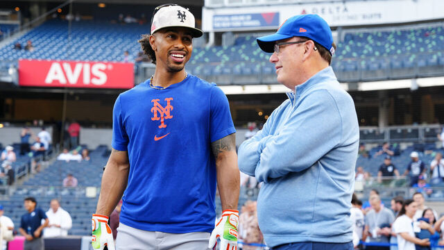 NEW YORK, NY - MAY 16: Francisco Lindor #12 and owner Steven A. Cohen of the New York Mets talk prior to the game between the New York Mets and the New York Yankees at Yankee Stadium on Friday, May 16, 2025 in New York, New York.