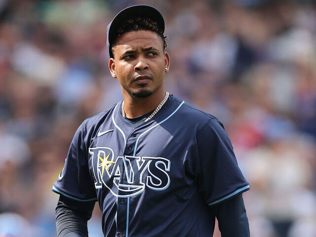 CHICAGO, ILLINOIS - SEPTEMBER 12: Edwin Uceta #63 of the Tampa Bay Rays reacts against the Chicago Cubs at Wrigley Field on September 12, 2025 in Chicago, Illinois.