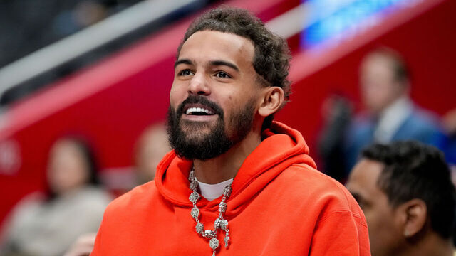 DETROIT, MICHIGAN - FEBRUARY 05: Trae Young #3 of the Washington Wizards looks on and smiles against the Detroit Pistons at Little Caesars Arena on February 05, 2026 in Detroit, Michigan.