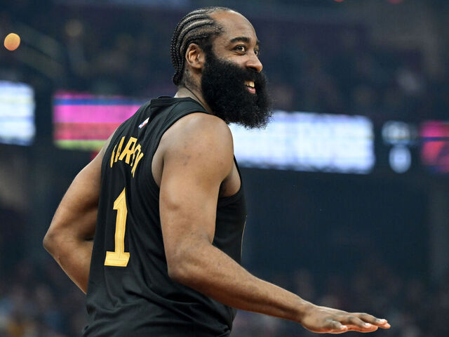 CLEVELAND, OHIO - FEBRUARY 19: James Harden #1 of the Cleveland Cavaliers reacts during the first half against the Brooklyn Nets at Rocket Arena on February 19, 2026 in Cleveland, Ohio.