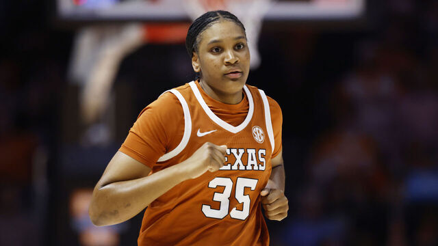 KNOXVILLE, TENNESSEE - FEBRUARY 15: Madison Booker #35 of the Texas Longhorns looks on during the first half of the game against the Tennessee Volunteers at Thompson-Boling Arena on February 15, 2026 in Knoxville, Tennessee.