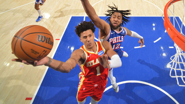 PHILADELPHIA, PA - FEBRUARY 19: Jalen Johnson #1 of the Atlanta Hawks drives to the basket during the game against the Philadelphia 76ers on February 19, 2026 at the Wells Fargo Center in Philadelphia, Pennsylvania NOTE TO USER: User expressly acknowledges and agrees that, by downloading and/or using this Photograph, user is consenting to the terms and conditions of the Getty Images License Agreement. Mandatory Copyright Notice: Copyright 2026 NBAE