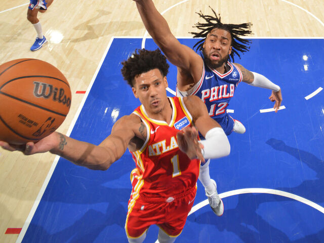 PHILADELPHIA, PA - FEBRUARY 19: Jalen Johnson #1 of the Atlanta Hawks drives to the basket during the game against the Philadelphia 76ers on February 19, 2026 at the Wells Fargo Center in Philadelphia, Pennsylvania NOTE TO USER: User expressly acknowledges and agrees that, by downloading and/or using this Photograph, user is consenting to the terms and conditions of the Getty Images License Agreement. Mandatory Copyright Notice: Copyright 2026 NBAE