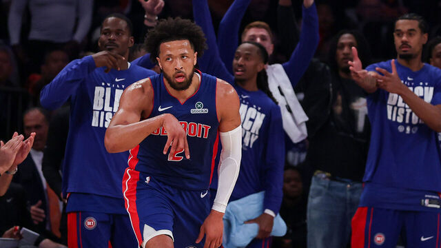 NEW YORK, NEW YORK - FEBRUARY 19: Cade Cunningham #2 of the Detroit Pistons runs the court after a three-point basket during the first quarter against the New York Knicks at Madison Square Garden on February 19, 2026 in New York City.