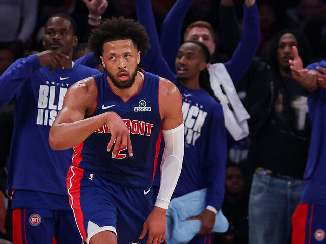 NEW YORK, NEW YORK - FEBRUARY 19: Cade Cunningham #2 of the Detroit Pistons runs the court after a three-point basket during the first quarter against the New York Knicks at Madison Square Garden on February 19, 2026 in New York City.