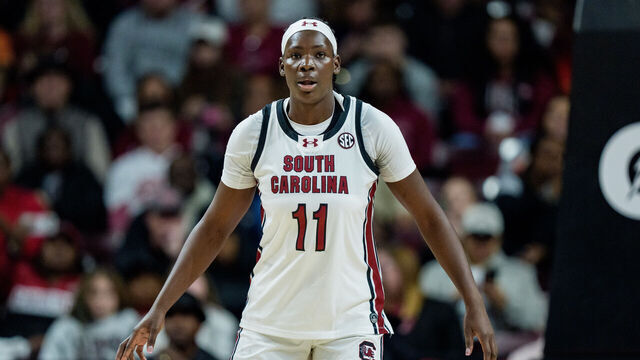 COLUMBIA, SOUTH CAROLINA - FEBRUARY 08: Madina Okot #11 of the South Carolina Gamecocks plays against the Tennessee Lady Volunteers during their game at Colonial Life Arena on February 08, 2026 in Columbia, South Carolina.