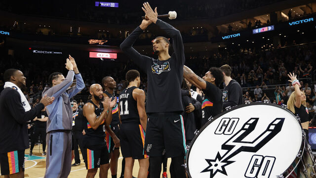 SAN ANTONIO, TX -FEBRUARY 19: Victor Wembanyama #1 of the San Antonio Spurs leads his team in traditional drum beating after defeating Phoenix Suns at Moody Center on February 19, 2026 in Austin, Texas. NOTE TO USER: User expressly acknowledges and agrees that, by downloading and or using this photograph, User is consenting to terms and conditions of the Getty Images License Agreement.
