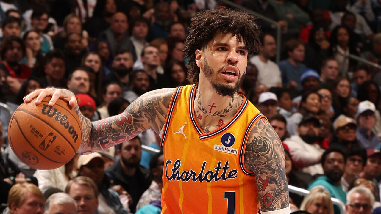 CHARLOTTE, NC - FEBRUARY 19: LaMelo Ball #1 of the Charlotte Hornets dribbles the ball during the game against the Houston Rockets on February 19, 2026 at Spectrum Center in Charlotte, North Carolina. Mandatory Copyright Notice: Copyright 2026 NBAE