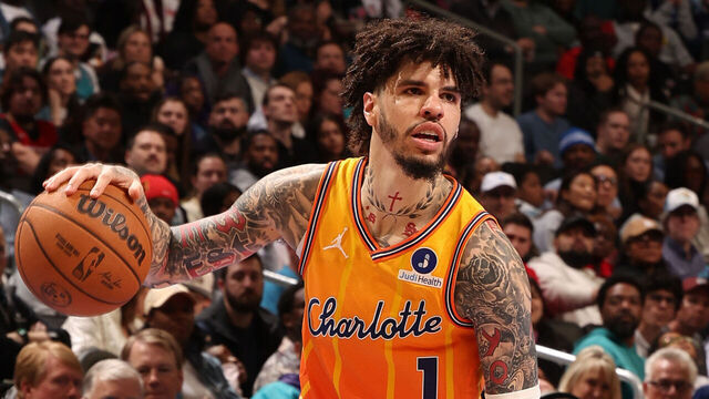 CHARLOTTE, NC - FEBRUARY 19: LaMelo Ball #1 of the Charlotte Hornets dribbles the ball during the game against the Houston Rockets on February 19, 2026 at Spectrum Center in Charlotte, North Carolina. Mandatory Copyright Notice: Copyright 2026 NBAE