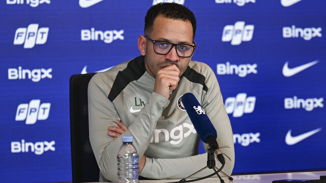 COBHAM, ENGLAND - FEBRUARY 19: Head Coach Liam Rosenior of Chelsea during a press conference at Chelsea Training Ground on February 19, 2026 in Cobham, England.