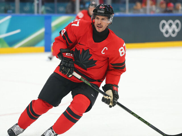 MILAN, ITALY - FEBRUARY 15: Sidney Crosby #87 of Team Canada skates in the first period during the Men's Preliminary Group A match between Canada and France on day nine of the Milano Cortina 2026 Winter Olympic games at Milano Santagiulia Ice Hockey Arena on February 15, 2026 in Milan, Italy.
