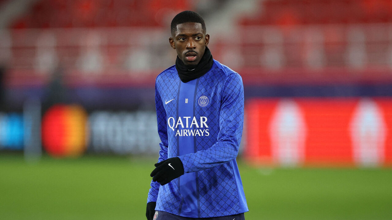 Paris Saint-Germain's French forward #10 Ousmane Dembele warms-up before the start of the UEFA Champions League knockout round play-off first leg football match between AS Monaco and Paris Saint-Germain at Stade Louis II in the Principality of Monaco on February 17, 2026.