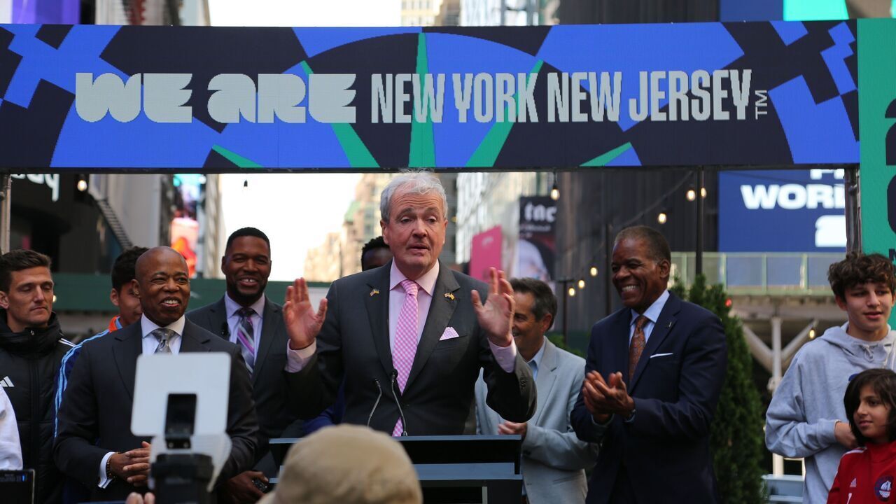 New Jersey Governor Phil Murphy C speaks at a launch ceremony of 2026 FIFA World Cup official brand and logo in New York City, the United States, on May 18, 2023. The official brand and logo for 2026 FIFA World Cup were launched in Times Square of New York City on Thursday morning.