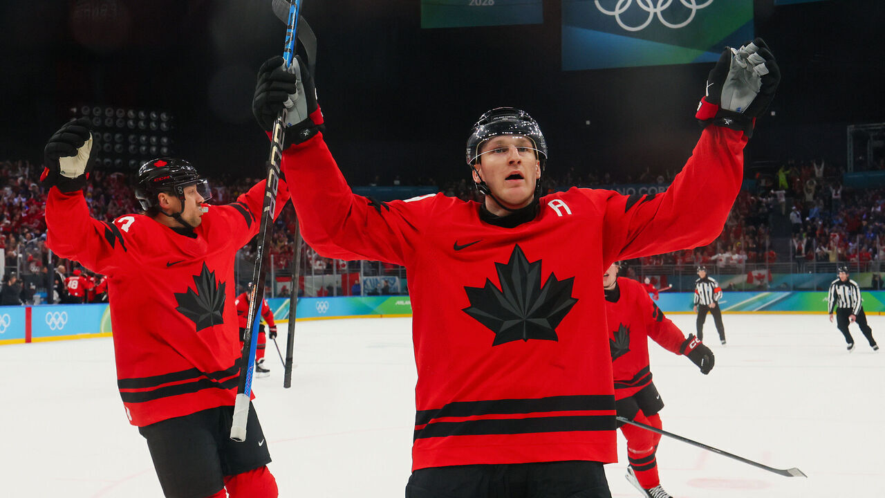 MILAN, ITALY - FEBRUARY 20: Nathan MacKinnon #29 of Team Canada celebrates scoring a goal in the third period during the Men's Semifinals Playoff match between Canada and Finland on day fourteen of the Milano Cortina 2026 Winter Olympic games at Milano Santagiulia Ice Hockey Arena on February 20, 2026 in Milan, Italy.