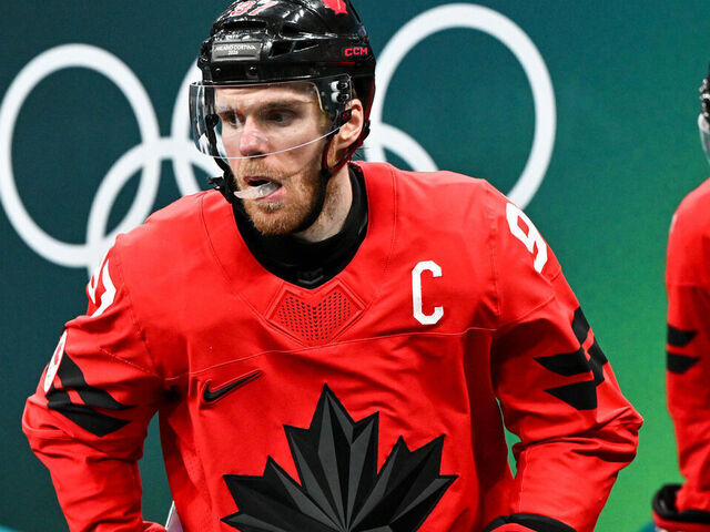 MILAN, ITALY - FEBRUARY 20: Connor McDavid of Canada enters the ice during the Ice Hockey Men's Play-offs Semifinals match between Canada and Finland on day fourteen of the Milano Cortina 2026 Winter Olympic games at Milano Santagiulia Ice Hockey Arena on February 20, 2026 in Milan, Italy.
