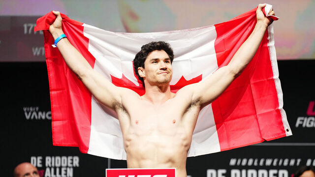VANCOUVER, BRITISH COLUMBIA - OCTOBER 17: Mike Malott poses on the scale during the UFC Fight Night ceremonial weigh-ins at Rogers Arena on October 17, 2025 in Vancouver, British Columbia.