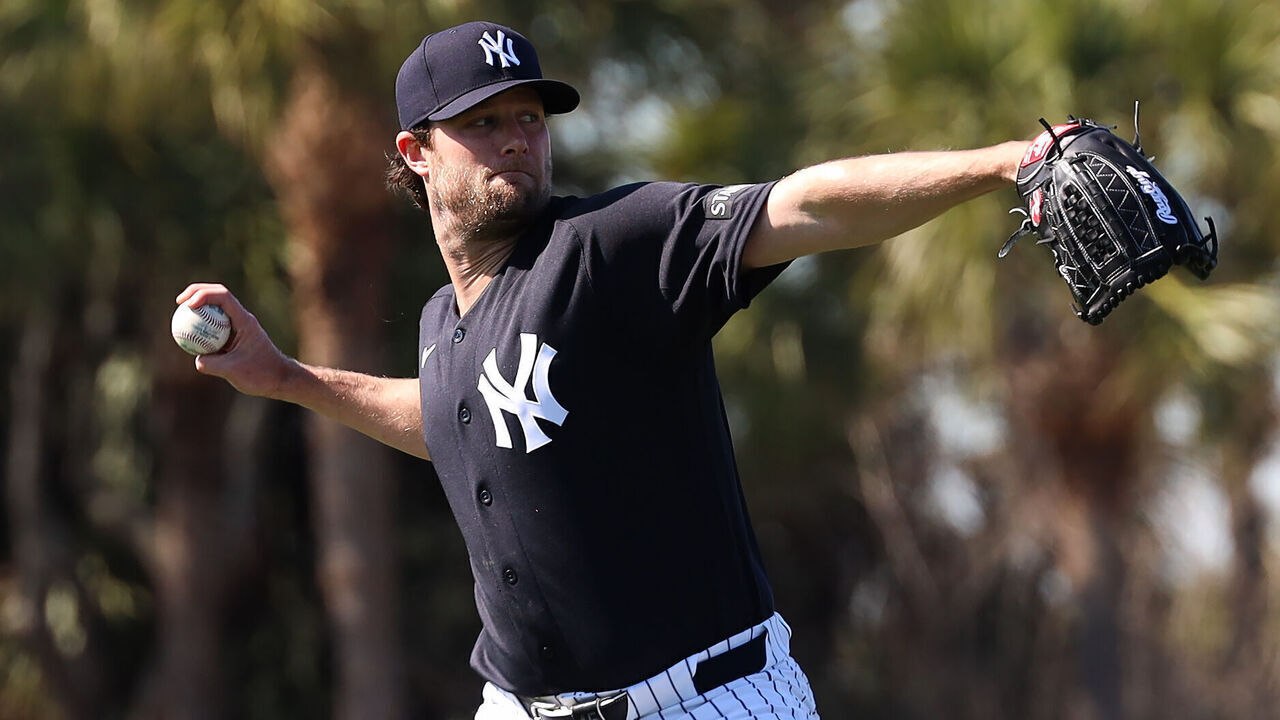 TAMPA, FL - FEBRUARY 12: Gerrit Cole #45 of the New York Yankees works out during spring training at George M. Steinbrenner Field on February 12, 2026 in Tampa, Florida.