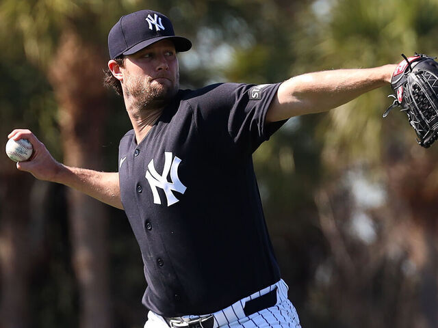 TAMPA, FL - FEBRUARY 12: Gerrit Cole #45 of the New York Yankees works out during spring training at George M. Steinbrenner Field on February 12, 2026 in Tampa, Florida.