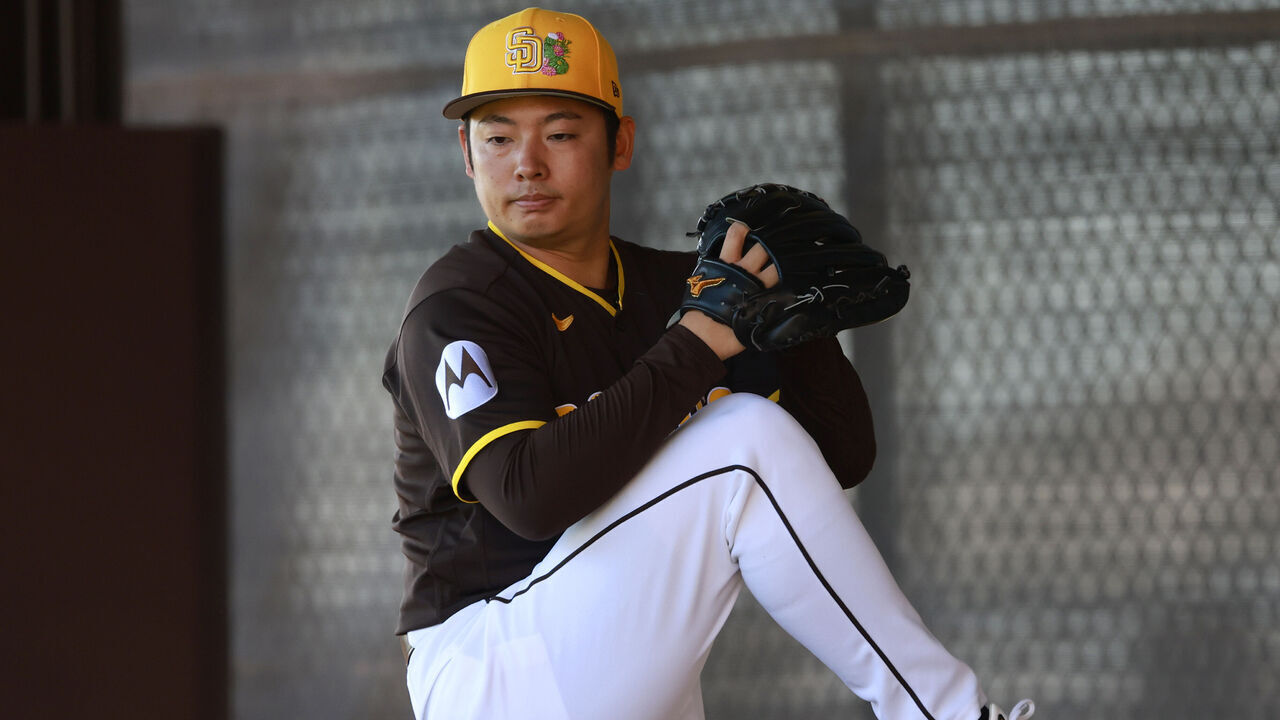 Peoria, AZ - February 19: Yuki Matsui #1 of the San Diego Padres pitches during a spring training practice on February 19, 2026 in Peoria, AZ.