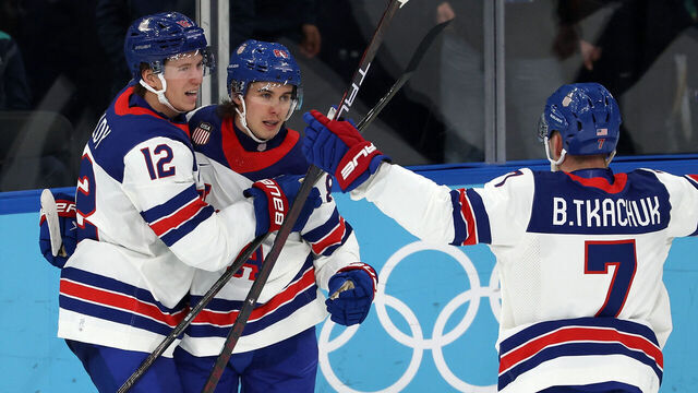 MILAN, ITALY - FEBRUARY 20: Jack Hughes #86 of Team United States celebrates after scoring a goal with Matt Boldy #12 and Brady Tkachuk #7 of Team United States in the second period during the Men's Semifinals Playoff match between the United States and Slovakia on day fourteen of the Milano Cortina 2026 Winter Olympic games at Milano Santagiulia Ice Hockey Arena on February 20, 2026 in Milan, Italy.