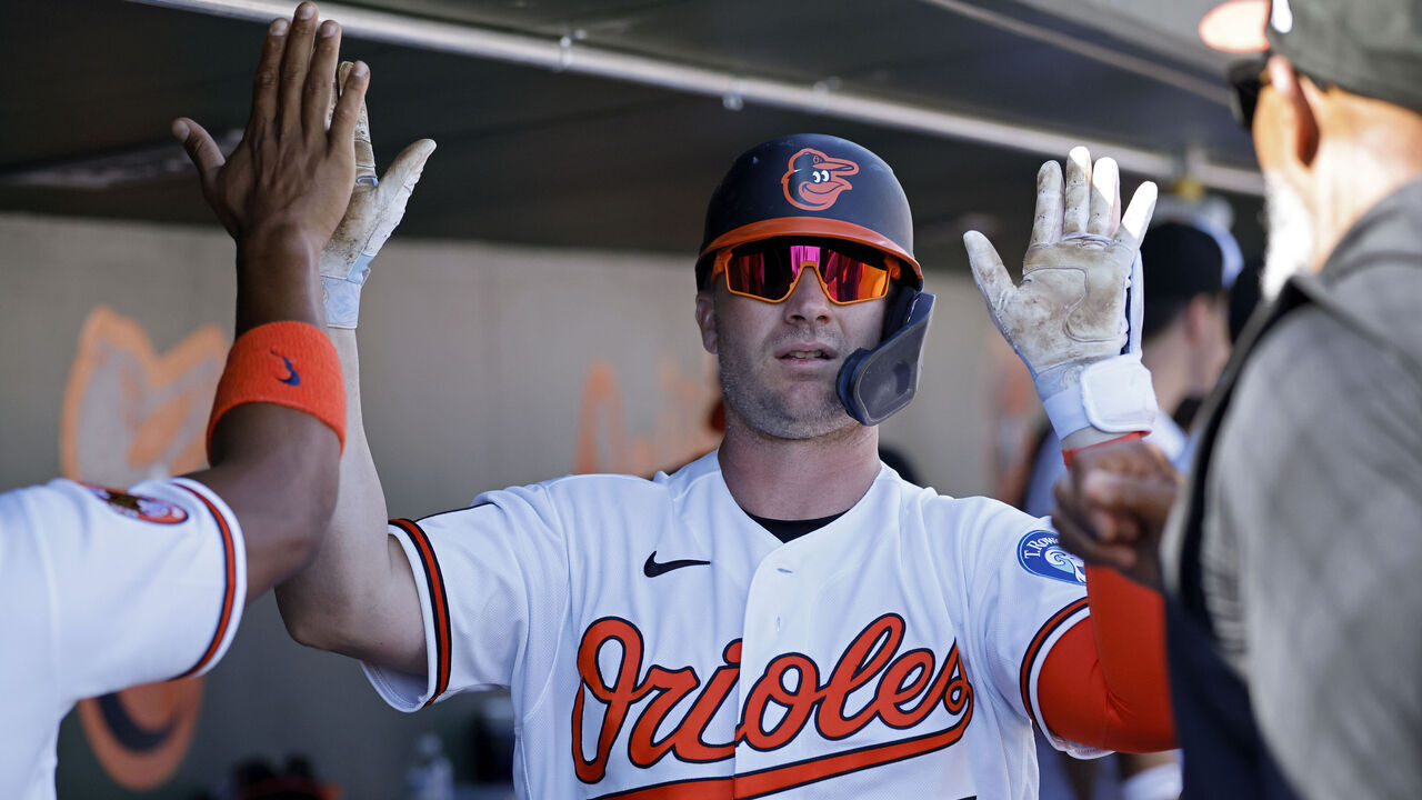 SARASOTA, FL - FEBRUARY 20: Pete Alonso (25) of the Baltimore Orioles celebrates in the dugout after hitting a two-run home run in the sixth inning during a spring training game against the New York Yankees on February 20, 2026 at Ed Smith Stadium in Sarasota, Florida.