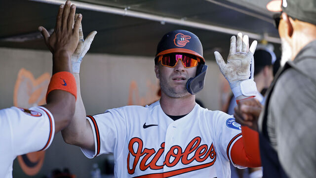 SARASOTA, FL - FEBRUARY 20: Pete Alonso (25) of the Baltimore Orioles celebrates in the dugout after hitting a two-run home run in the sixth inning during a spring training game against the New York Yankees on February 20, 2026 at Ed Smith Stadium in Sarasota, Florida.