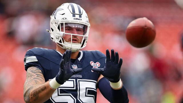LANDOVER, MARYLAND - DECEMBER 25: Logan Wilson #55 of the Dallas Cowboys warms up before the NFL game against the Washington Commanders at Northwest Stadium on December 25, 2025 in Landover, Maryland.