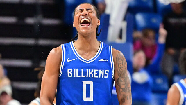 ST. LOUIS, MO - NOVEMBER 06: Saint Louis guard Kellen thames (0) races after hitting a three-point shot during a college basketball game between the Chicago State Cougars and the Saint Louis Billikens, on November 6, 2025, at Chaifetz Arena in St. Louis, MO.