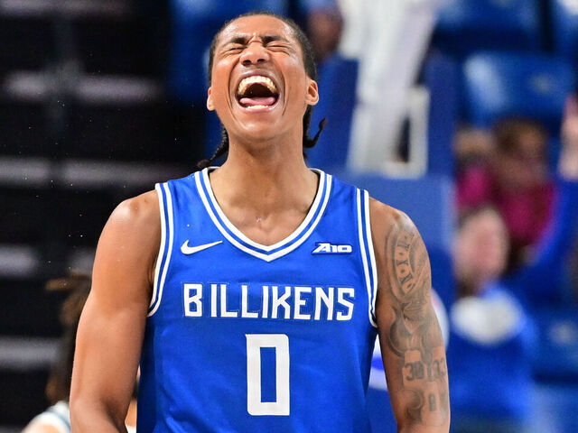 ST. LOUIS, MO - NOVEMBER 06: Saint Louis guard Kellen thames (0) races after hitting a three-point shot during a college basketball game between the Chicago State Cougars and the Saint Louis Billikens, on November 6, 2025, at Chaifetz Arena in St. Louis, MO.
