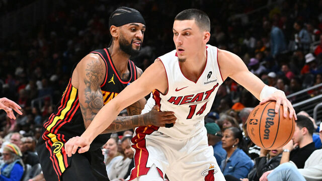 ATLANTA, GA - FEBRUARY 20: Tyler Herro #14 of the Miami Heat drives to the basket during the game against the Atlanta Hawks on February 20, 2026 at State Farm Arena in Atlanta, Georgia. NOTE TO USER: User expressly acknowledges and agrees that, by downloading and/or using this Photograph, user is consenting to the terms and conditions of the Getty Images License Agreement. Mandatory Copyright Notice: Copyright 2026 NBAE