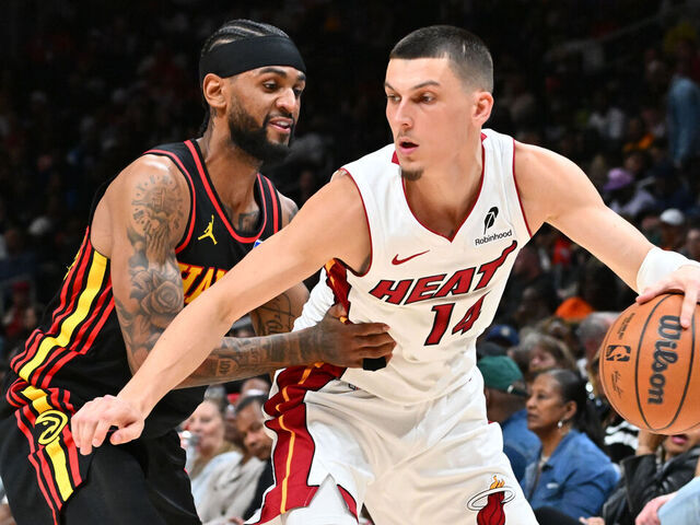 ATLANTA, GA - FEBRUARY 20: Tyler Herro #14 of the Miami Heat drives to the basket during the game against the Atlanta Hawks on February 20, 2026 at State Farm Arena in Atlanta, Georgia. NOTE TO USER: User expressly acknowledges and agrees that, by downloading and/or using this Photograph, user is consenting to the terms and conditions of the Getty Images License Agreement. Mandatory Copyright Notice: Copyright 2026 NBAE