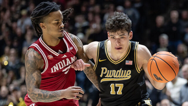 WEST LAFAYETTE, INDIANA - FEBRUARY 20: Omer Mayer #17 of the Purdue Boilermakers dribbles against Lamar Wilkerson #3 of the Indiana Hoosiers during the second half at Mackey Arena on February 20, 2026 in West Lafayette, Indiana.