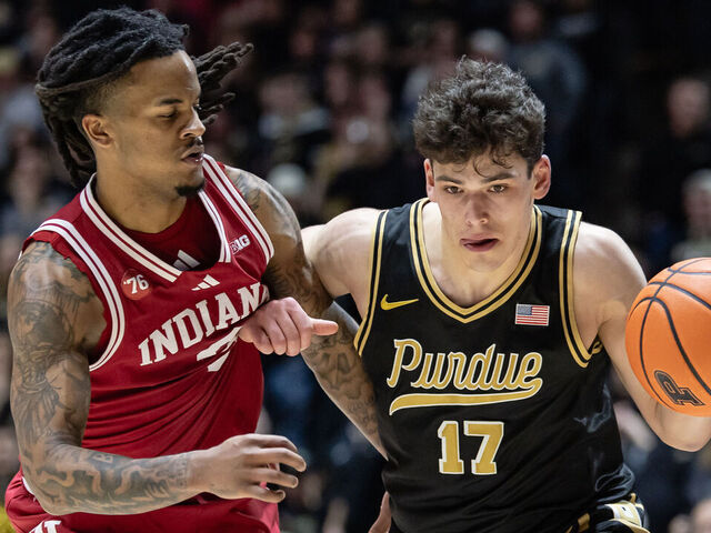 WEST LAFAYETTE, INDIANA - FEBRUARY 20: Omer Mayer #17 of the Purdue Boilermakers dribbles against Lamar Wilkerson #3 of the Indiana Hoosiers during the second half at Mackey Arena on February 20, 2026 in West Lafayette, Indiana.