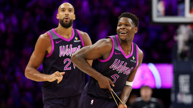 MINNEAPOLIS, MINNESOTA - FEBRUARY 20: Anthony Edwards #5 of the Minnesota Timberwolves celebrates his three-point basket against the Dallas Mavericks in the fourth quarter at Target Center on February 20, 2026 in Minneapolis, Minnesota. The Timberwolves defeated the Mavericks 122-111.