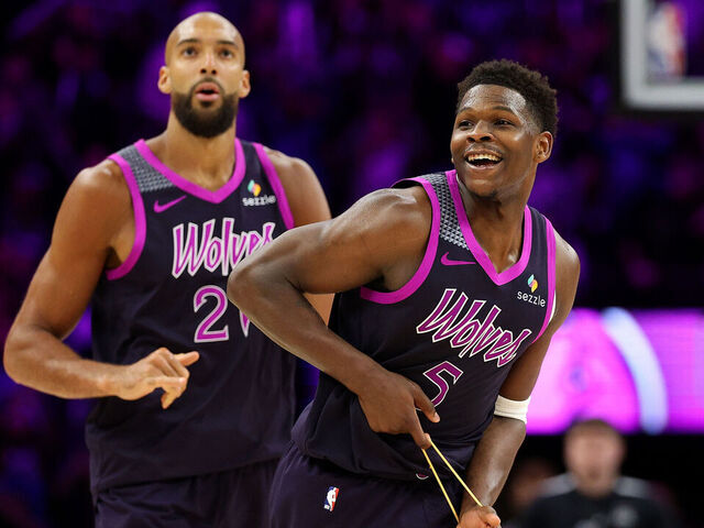 MINNEAPOLIS, MINNESOTA - FEBRUARY 20: Anthony Edwards #5 of the Minnesota Timberwolves celebrates his three-point basket against the Dallas Mavericks in the fourth quarter at Target Center on February 20, 2026 in Minneapolis, Minnesota. The Timberwolves defeated the Mavericks 122-111.