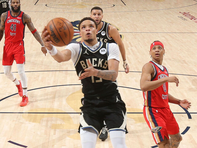 NEW ORLEANS, LA - FEBRUARY 20: Ryan Rollins #13 of the Milwaukee Bucks drives to the basket during the game against the New Orleans Pelicans on February 20, 2026 at the Smoothie King Center in New Orleans, Louisiana. Mandatory Copyright Notice: Copyright 2026 NBAE