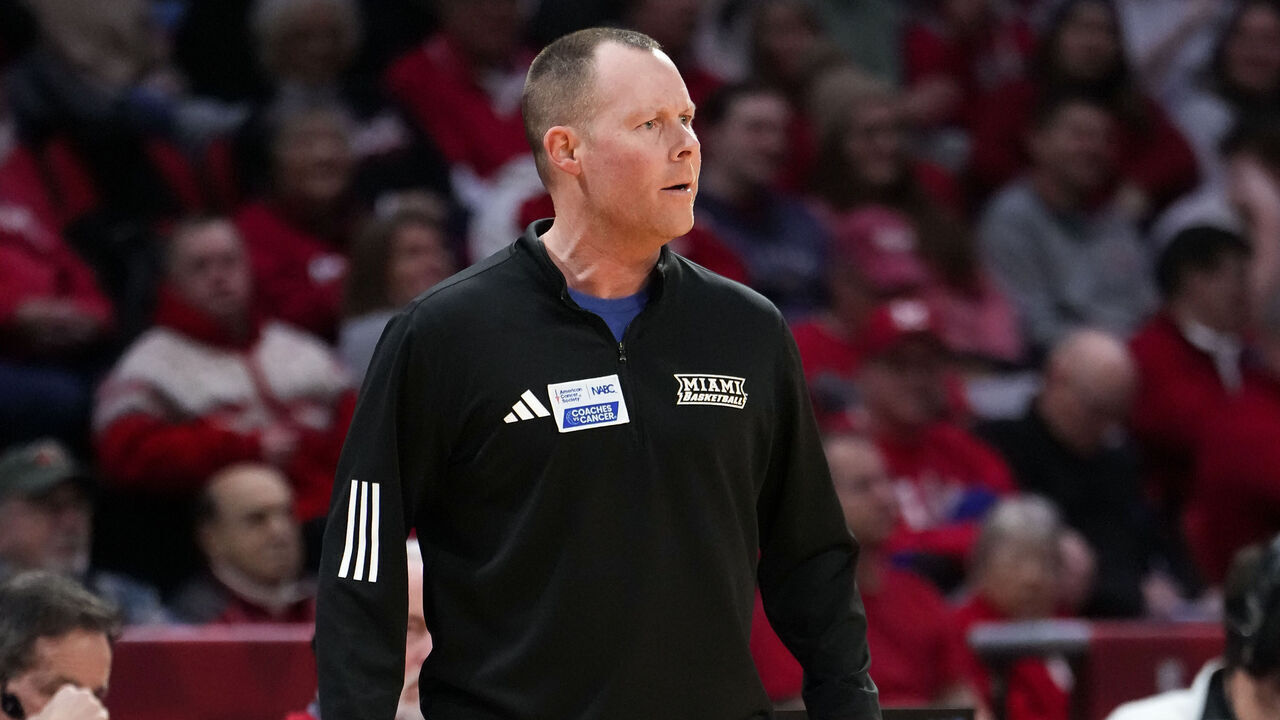 OXFORD, OHIO - JANUARY 27: Head coach Travis Steele of the Miami (OH) RedHawks looks on in the first half against the UMass Minutemen at Millett Hall on January 27, 2026 in Oxford, Ohio.