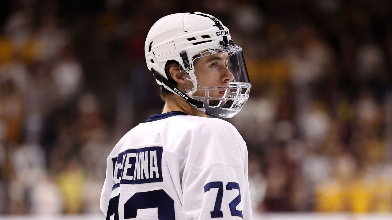 TEMPE, ARIZONA - OCTOBER 04: Gavin McKenna #72 of the Penn State Nittany Lions looks on during the first period of the game against the Arizona State Sun Devils at Mullett Arena on October 04, 2025 in Tempe, Arizona.