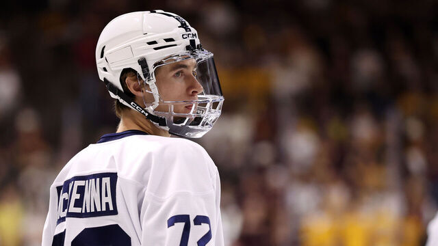 TEMPE, ARIZONA - OCTOBER 04: Gavin McKenna #72 of the Penn State Nittany Lions looks on during the first period of the game against the Arizona State Sun Devils at Mullett Arena on October 04, 2025 in Tempe, Arizona.