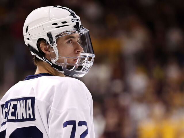 TEMPE, ARIZONA - OCTOBER 04: Gavin McKenna #72 of the Penn State Nittany Lions looks on during the first period of the game against the Arizona State Sun Devils at Mullett Arena on October 04, 2025 in Tempe, Arizona.