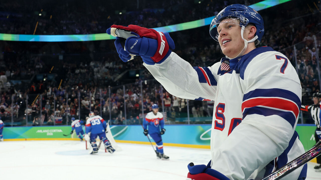 MILAN, ITALY - FEBRUARY 20: Brady Tkachuk #7 of Team United States celebrates after scoring a goal in the third period during the Men's Semifinals Playoff match between the United States and Slovakia on day fourteen of the Milano Cortina 2026 Winter Olympic games at Milano Santagiulia Ice Hockey Arena on February 20, 2026 in Milan, Italy.