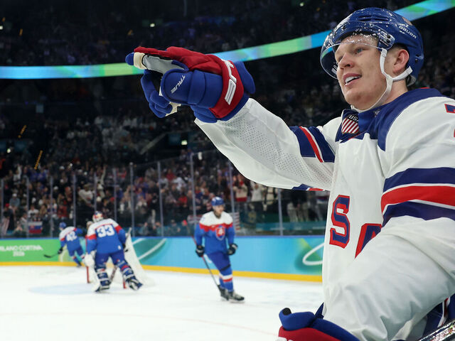 MILAN, ITALY - FEBRUARY 20: Brady Tkachuk #7 of Team United States celebrates after scoring a goal in the third period during the Men's Semifinals Playoff match between the United States and Slovakia on day fourteen of the Milano Cortina 2026 Winter Olympic games at Milano Santagiulia Ice Hockey Arena on February 20, 2026 in Milan, Italy.