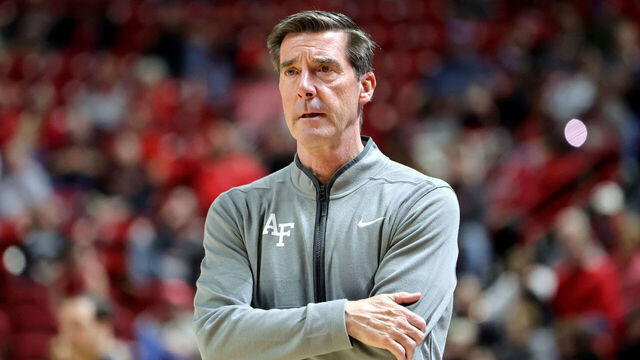 LAS VEGAS, NEVADA - FEBRUARY 11: Head coach Joe Scott of the Air Force Falcons looks on in the second half of a game against the UNLV Rebels at the Thomas & Mack Center on February 11, 2025 in Las Vegas, Nevada. The Rebels defeated the Falcons 77-52.