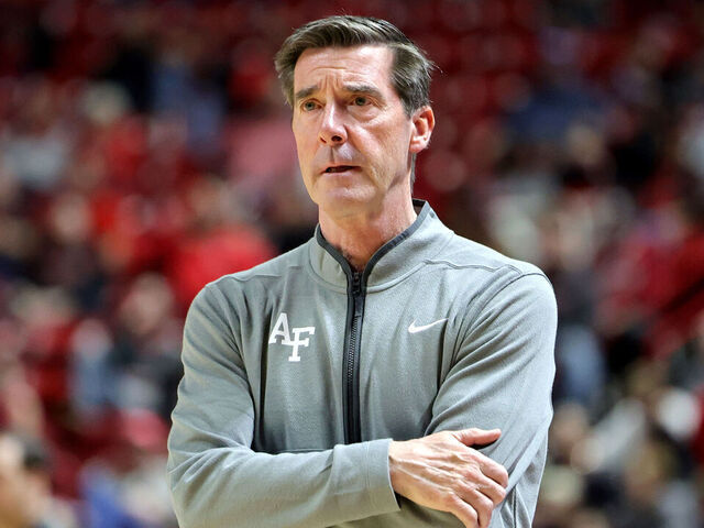 LAS VEGAS, NEVADA - FEBRUARY 11: Head coach Joe Scott of the Air Force Falcons looks on in the second half of a game against the UNLV Rebels at the Thomas & Mack Center on February 11, 2025 in Las Vegas, Nevada. The Rebels defeated the Falcons 77-52.