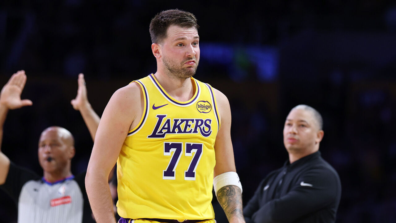 LOS ANGELES, CALIFORNIA - FEBRUARY 20: Luka Doncic #77 of the Los Angeles Lakers reacts after scoring during the first half of their game against the Los Angeles Clippers at Crypto.com Arena on February 20, 2026 in Los Angeles, California.