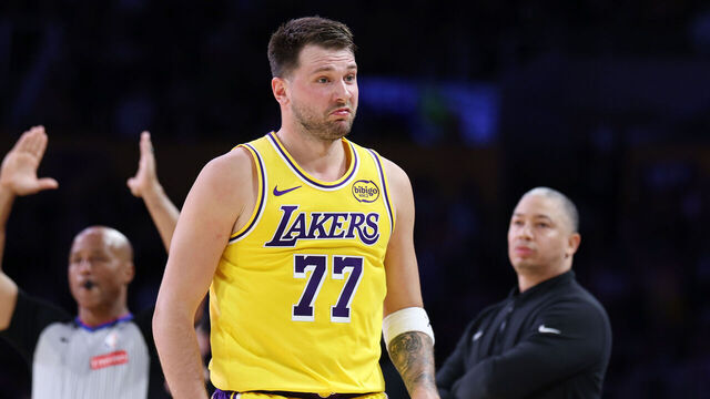 LOS ANGELES, CALIFORNIA - FEBRUARY 20: Luka Doncic #77 of the Los Angeles Lakers reacts after scoring during the first half of their game against the Los Angeles Clippers at Crypto.com Arena on February 20, 2026 in Los Angeles, California.